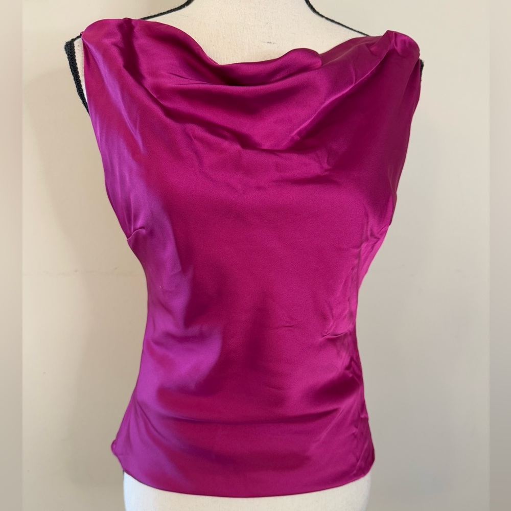 Satin fuchsia rhinestone embellished open back top SZ Small - Picture 2 of 8
